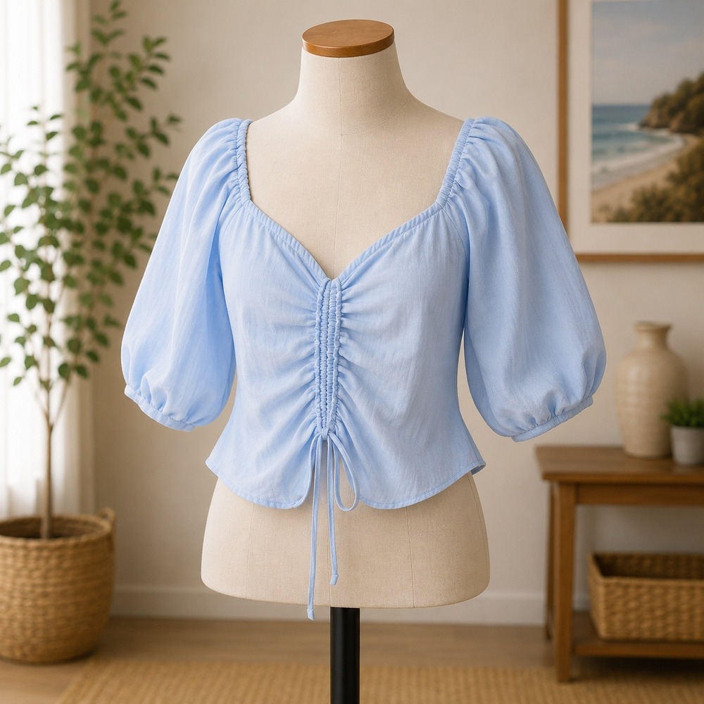 NWOT Open Edit Ruched Puff Sleeve Blouse Womens Small Blue Smocked Back Crop Top